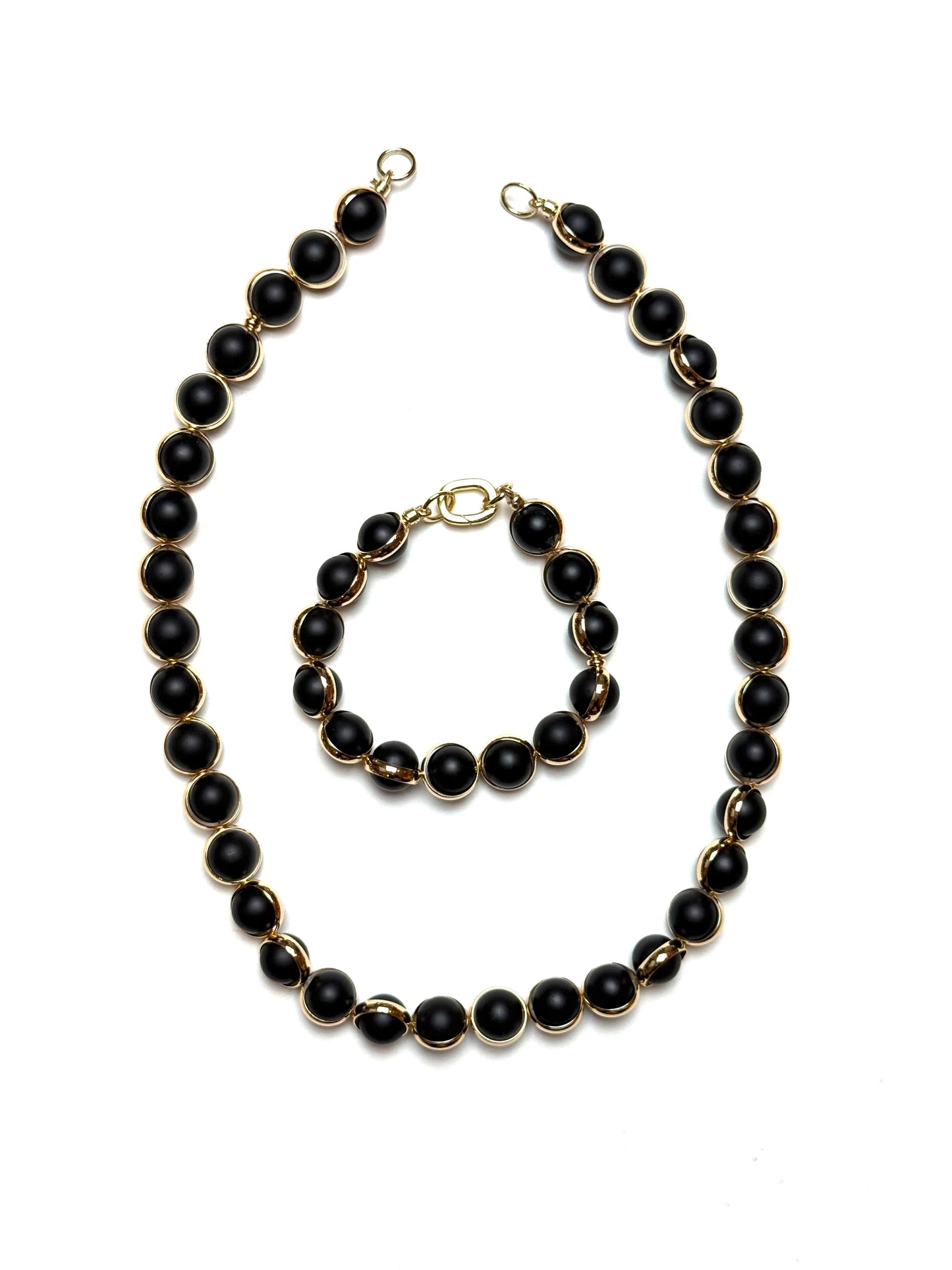10mm Gold Sleeve Wrapped Round Matte Black Onyx Gemstone Necklace
