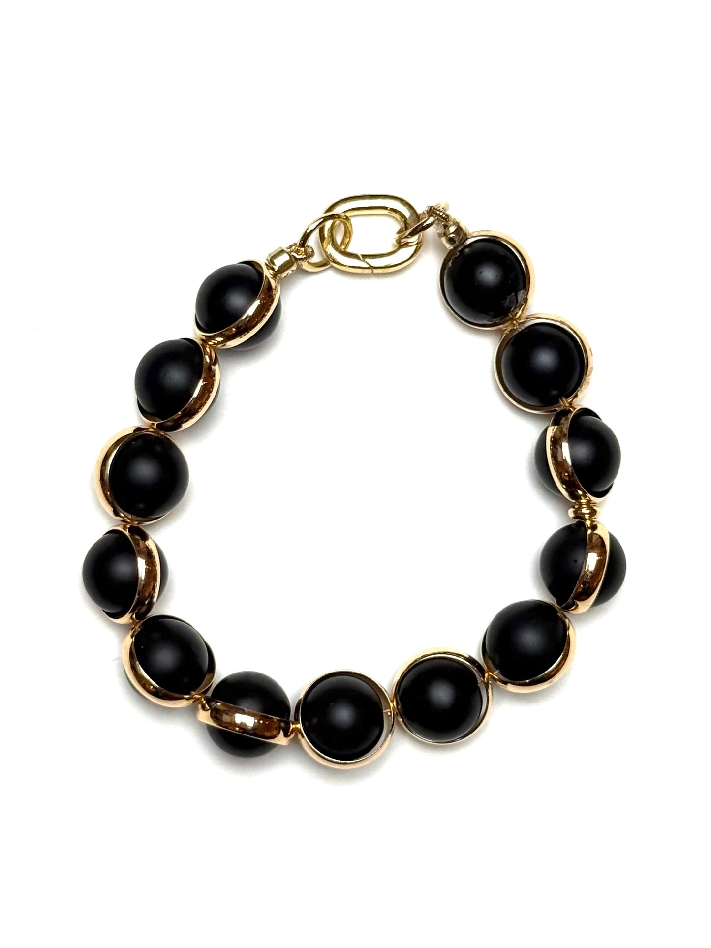 10mm Gold Sleeve Wrapped Round Matte Black Onyx Gemstone Bracelet/Extender