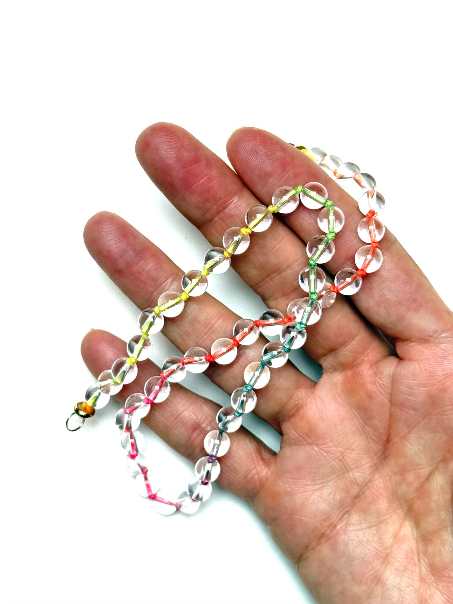 6mm Clear Quartz Necklace on Florescent Rainbow Thread