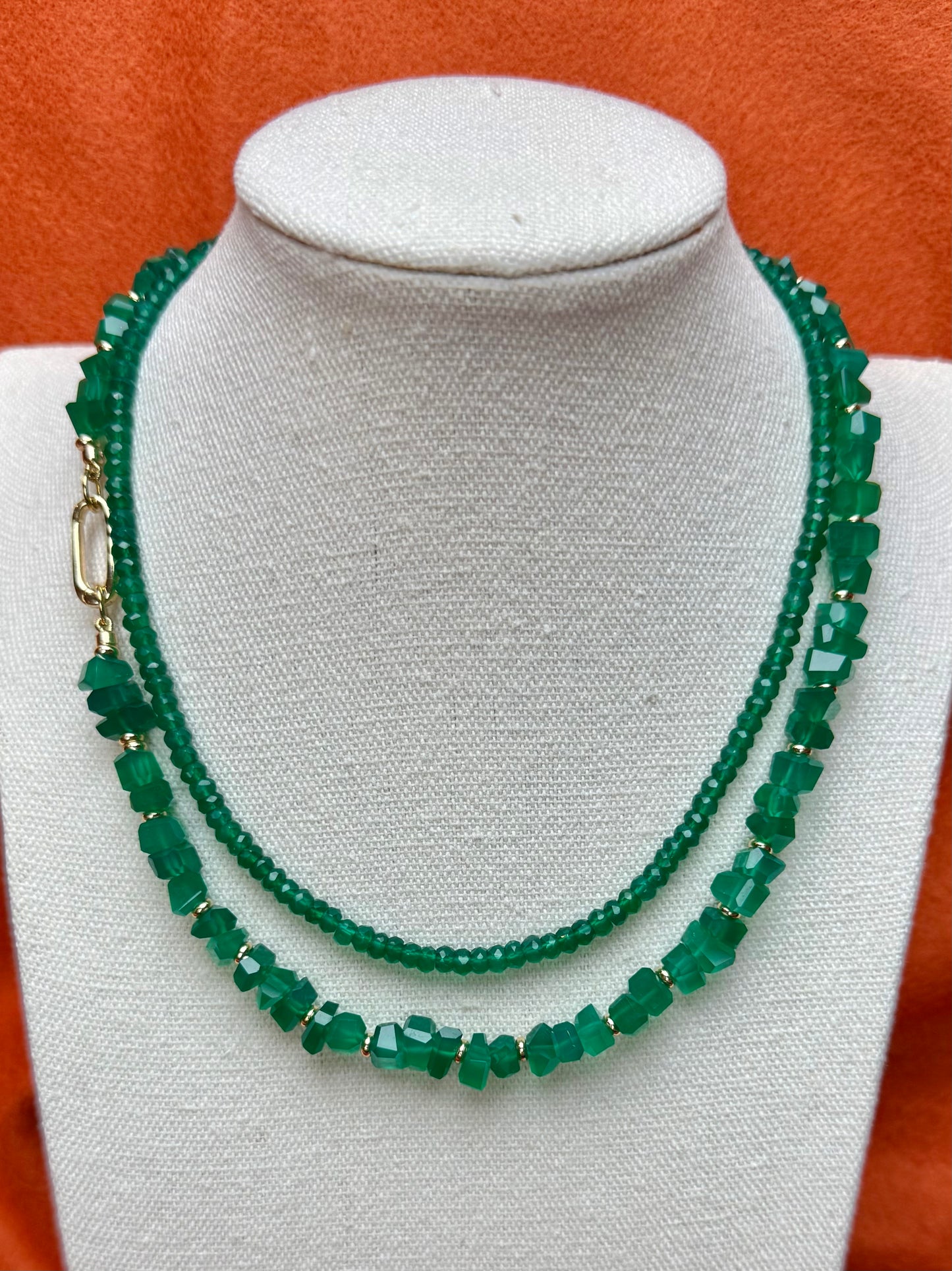 6-9mm Natural Green Onyx Faceted Nugget and Gold-filled Spacer Necklace