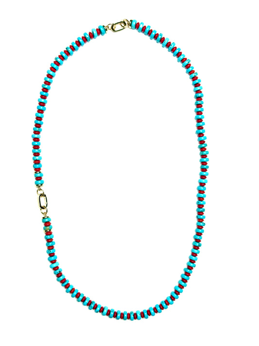 8x2mm Light Turquoise Heishi With Alternating Red Coral Disks Necklace