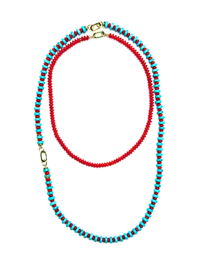8x2mm Light Turquoise Heishi With Alternating Red Coral Disks Necklace