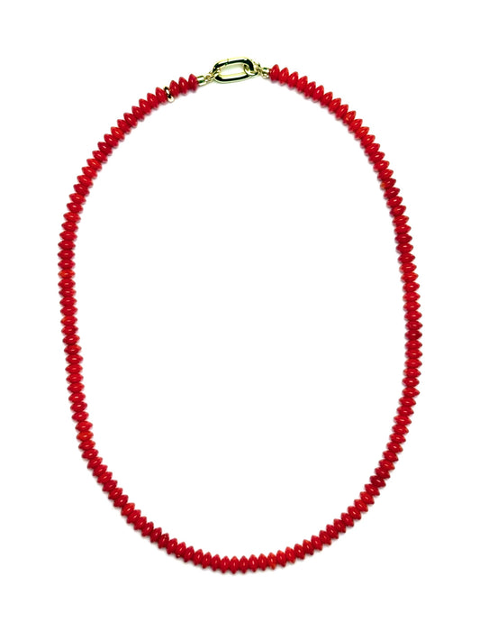 6x3mm Sharp-Edged Red Coral Rondelle Gemstone Necklace