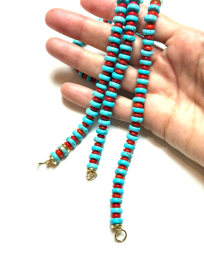 8x2mm Light Turquoise Heishi With Alternating Red Coral Disks Necklace