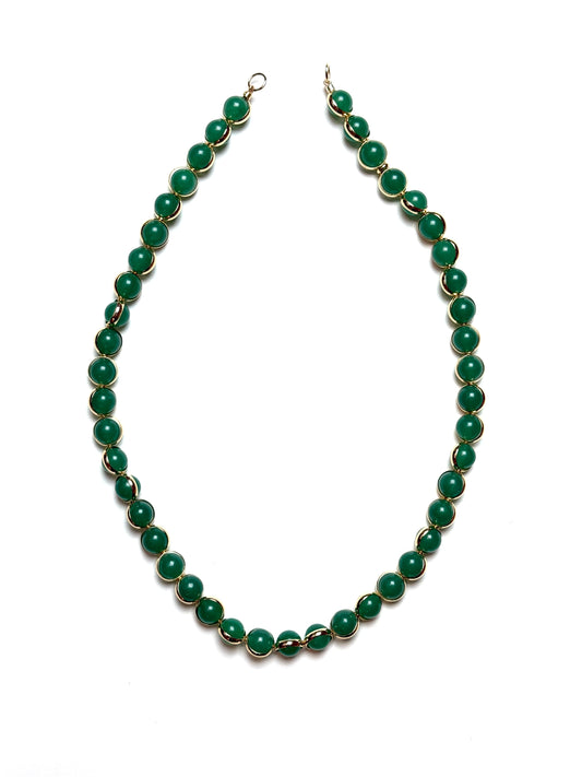 10mm Gold Sleeve Wrapped Deep Green Transparent Jade Gemstone Necklace