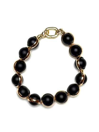 10mm Gold Sleeve Wrapped Round Matte Black Onyx Gemstone Bracelet/Extender