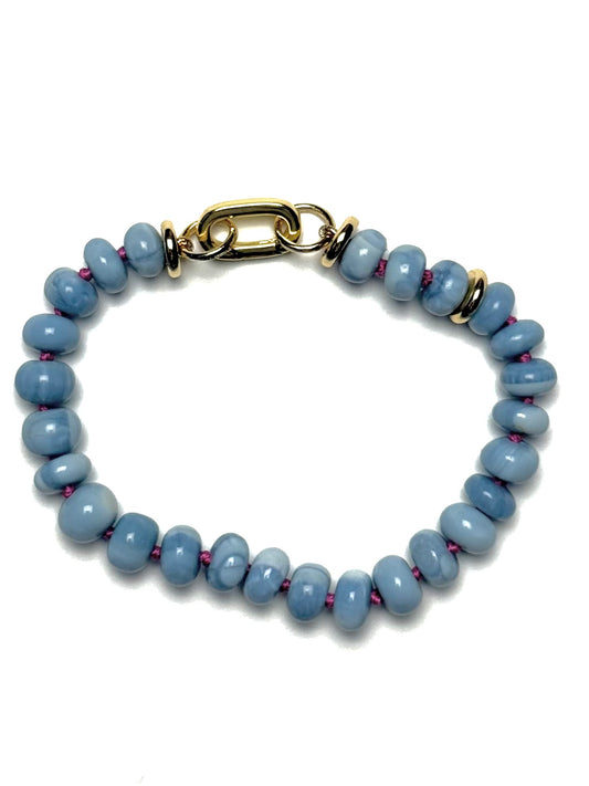 6-7mm Natural Light Blue Opal Rondelle On Hot Pink Thread Bracelet/Extender