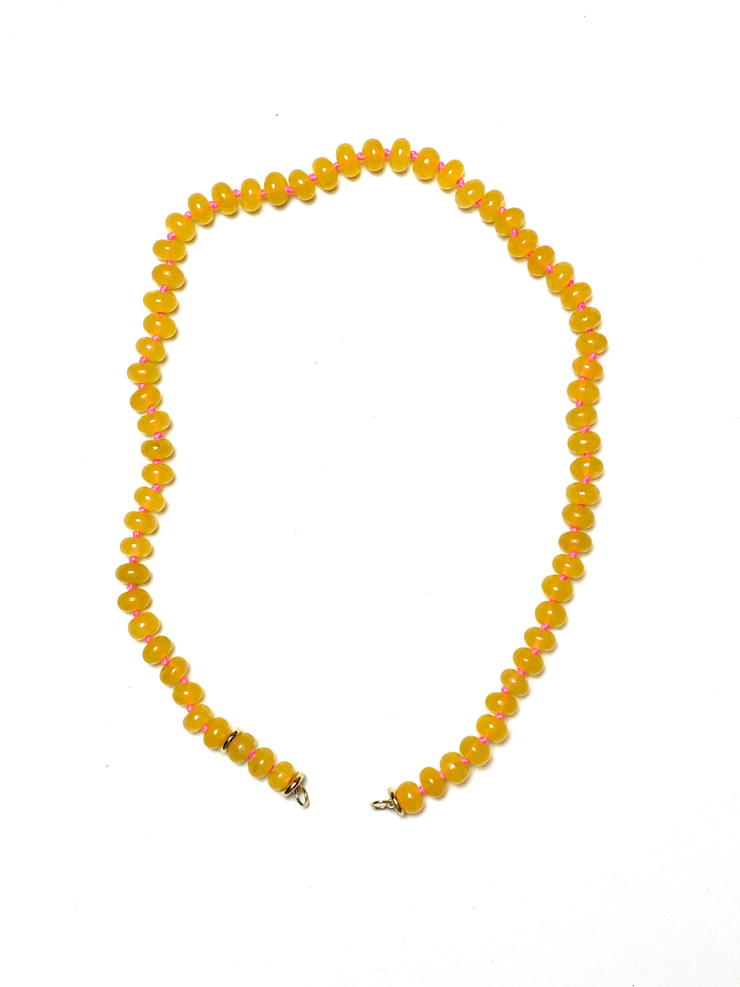 8x2mm Yellow Jade Rondelle Florescent Pink Thread  Necklace