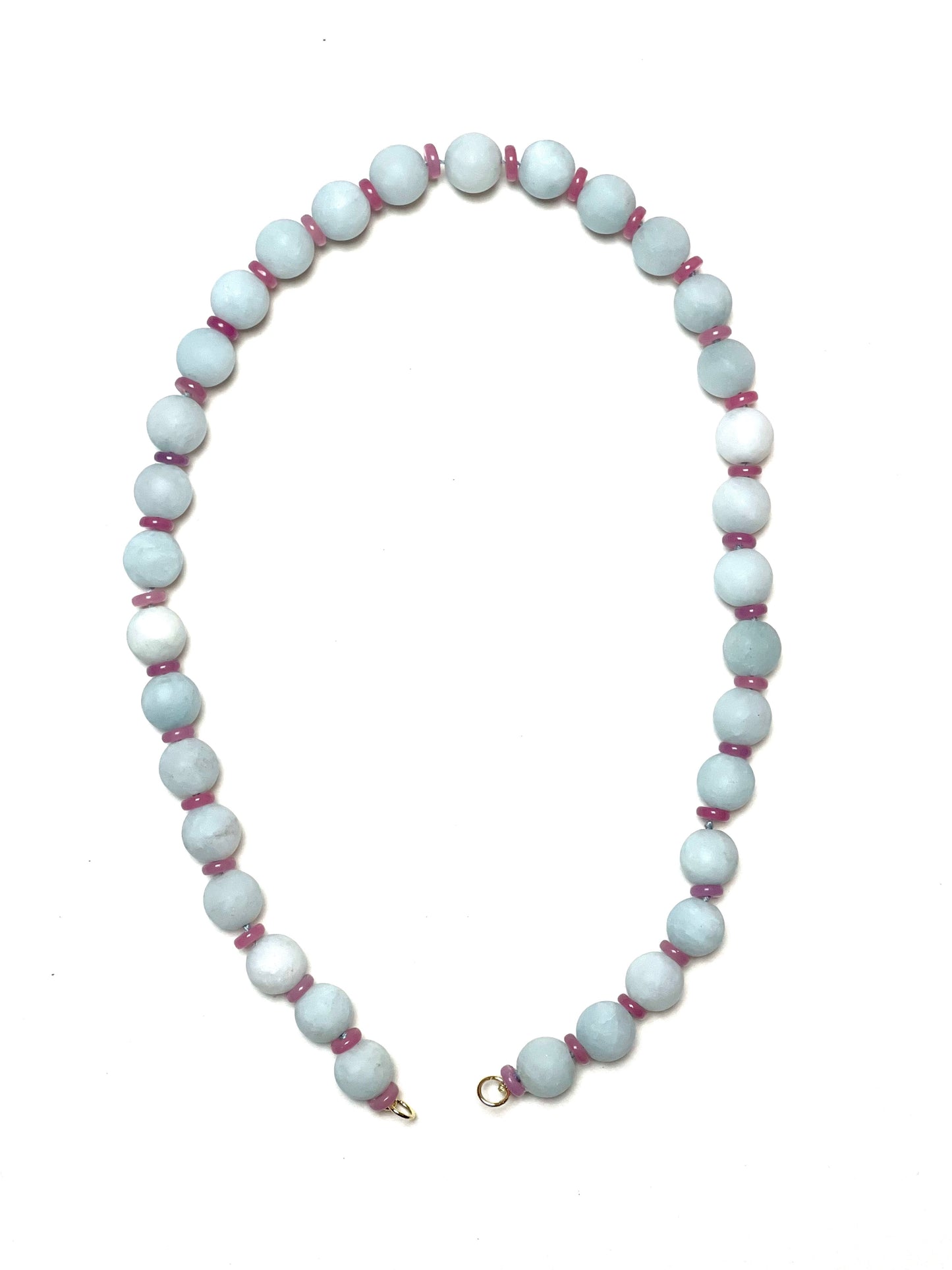 10mm Matte Pale Blue Round Aquamarine Quartz Necklace with Rose Quartz Heshi Spacers