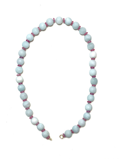 10mm Matte Pale Blue Round Aquamarine Quartz Necklace with Rose Quartz Heshi Spacers