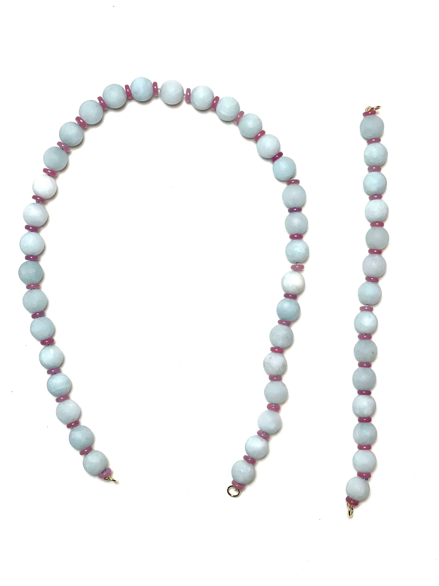 10mm Matte Pale Blue Round Aquamarine Quartz Necklace with Rose Quartz Heshi Spacers