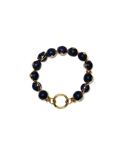 10mm Gold Sleeve Wrapped Round Matte Lapis Gemstone Bracelet