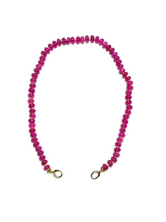 8x5mm Magenta Pink Jade Rondelle Necklace On Florescent Yellow Thread