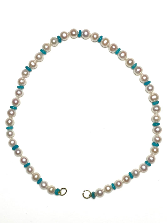 9mm Round Potato Pearl with 6mm Teal Blue Jade Heishi Necklace