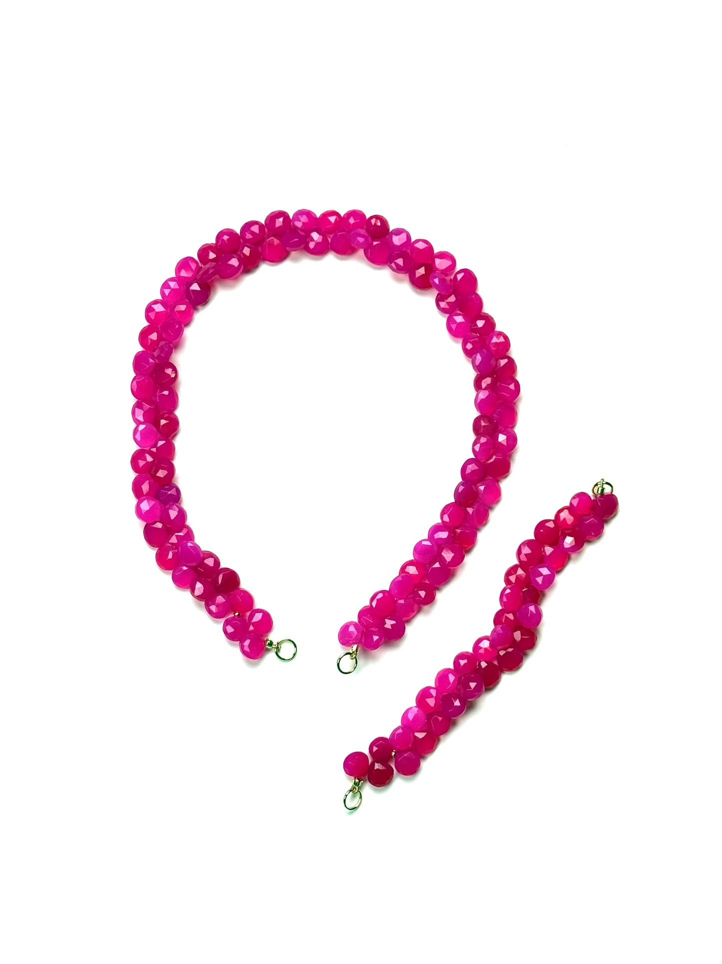 8mm Hot Pink Faceted Heart Shaped Chalcedony Briolette Necklace